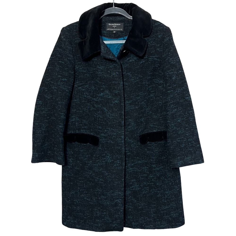Helene Berman London Anthropologie Wool Black & Teal Longline Trench Coat Size 8
